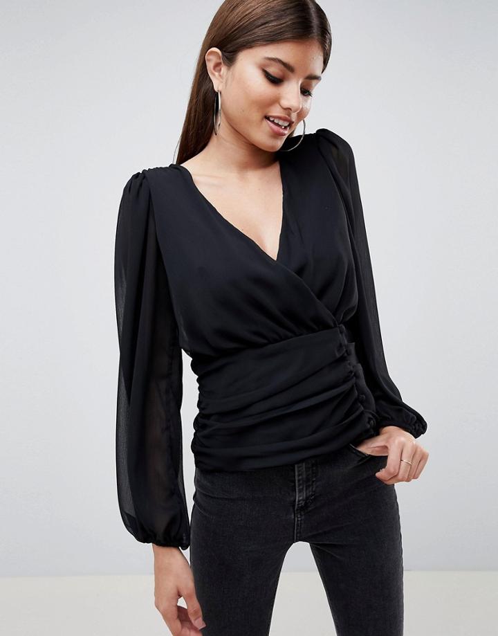Asos Design Wrap Long Sleeve Top With Side Button Detail-black