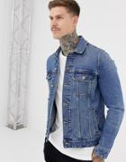 Asos Design Skinny Western Denim Jacket In Mid Wash - Blue