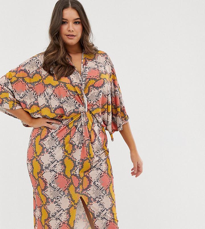 Flounce London Plus Kimono Midi Dress In Multi Snake - Multi