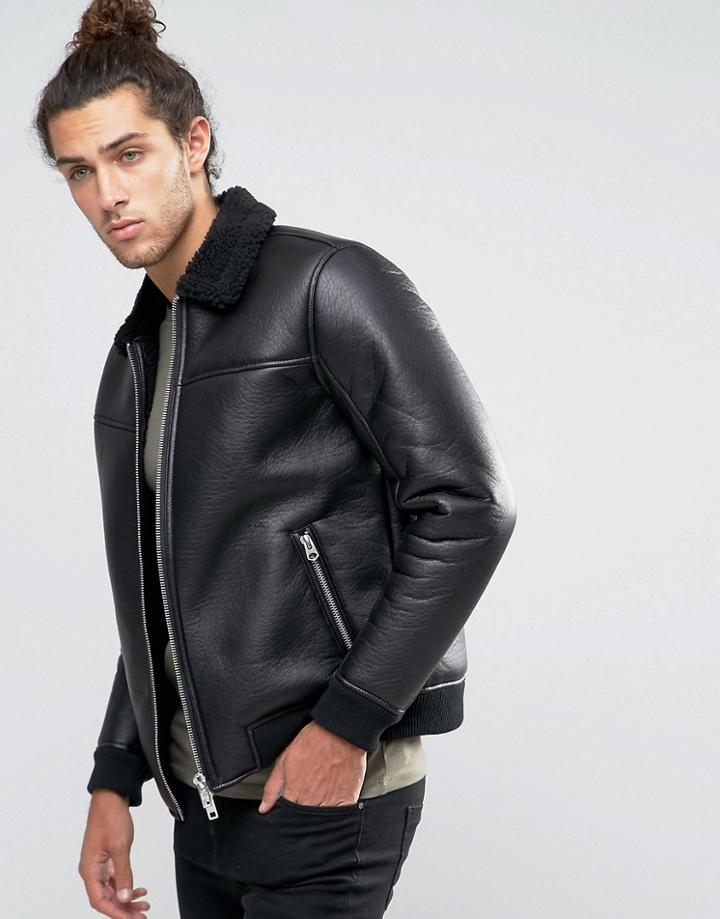 Barneys Faux Leather Bomber With Fleece Collar Jacket - Black