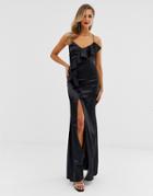 City Goddess Ruffle Satin Slit Front Maxi Dress - Black