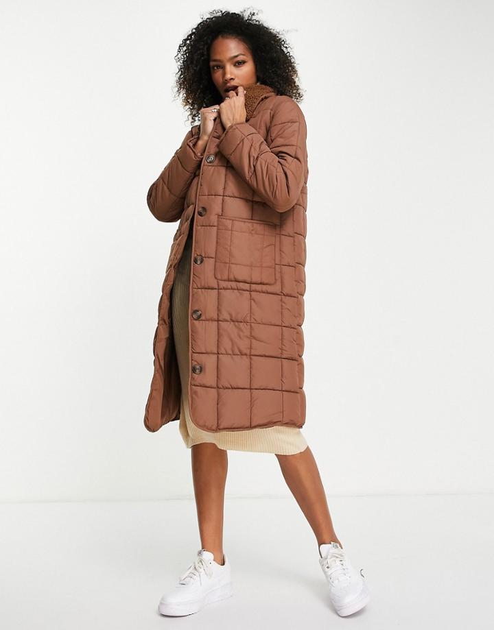 Jdy Quilted Longline Coat With Sherpa Collar In Brown