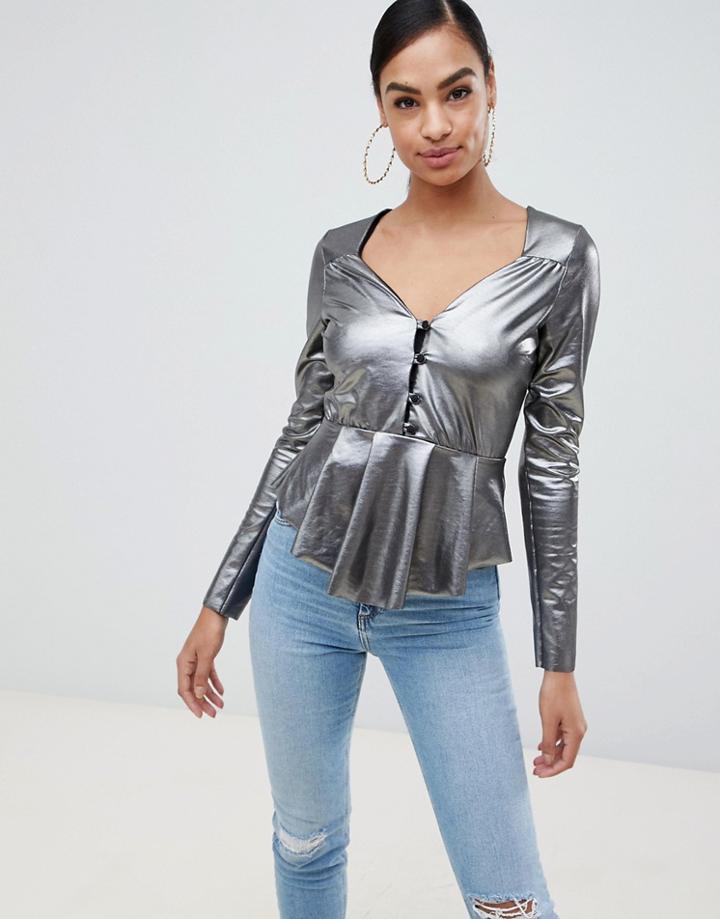 Asos Design Top With Peplum In Liquid Metallic - Silver
