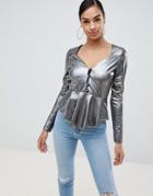 Asos Design Top With Peplum In Liquid Metallic - Silver