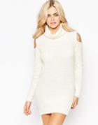 Fashion Union Roll Neck Ribbed Mini Dress With Open Shoulder - Cream