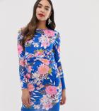 Blume Maternity Jersey Bodycon Dress With Twist Front In Floral Print - Blue