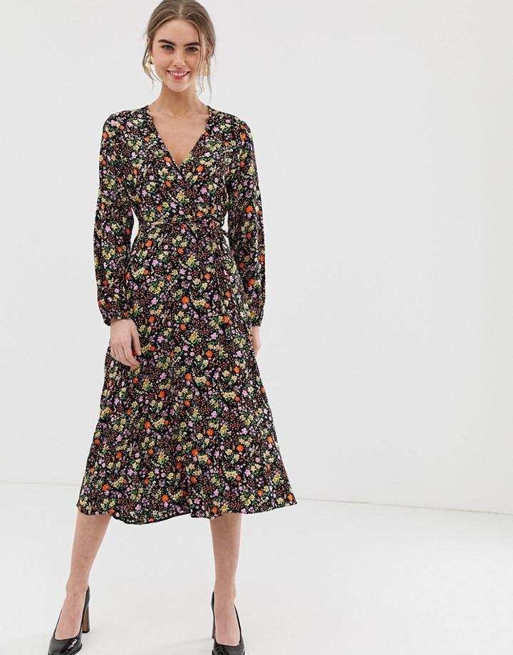 New Look Jersey Wrap Dress In Dark Florals - Black