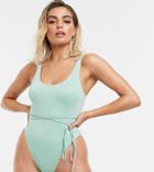South Beach Exclusive Tie Around Belt High Leg Swimsuit In Pastel Green Glitter - Green