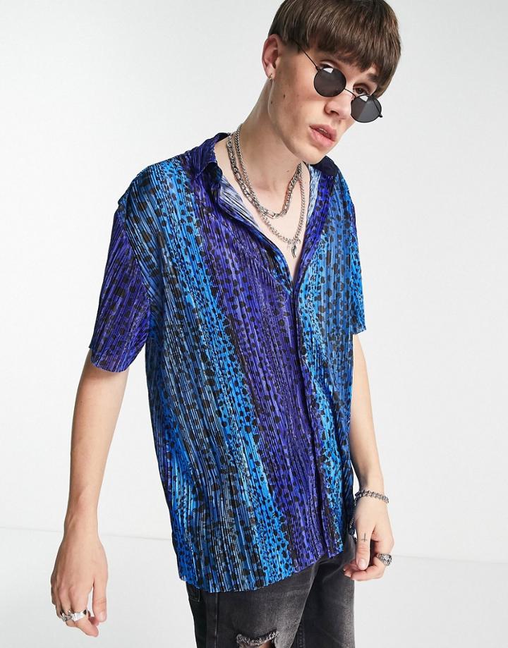 Asos Design Oversized Plisse Shirt In Blue Animal Print