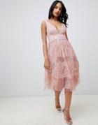 Asos Design Midi Dress In Mesh With Delicate Lace Panels - Gray