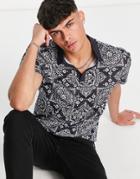 Asos Design Polo T-shirt In All Over Paisley Print In Recycled Polyester-black