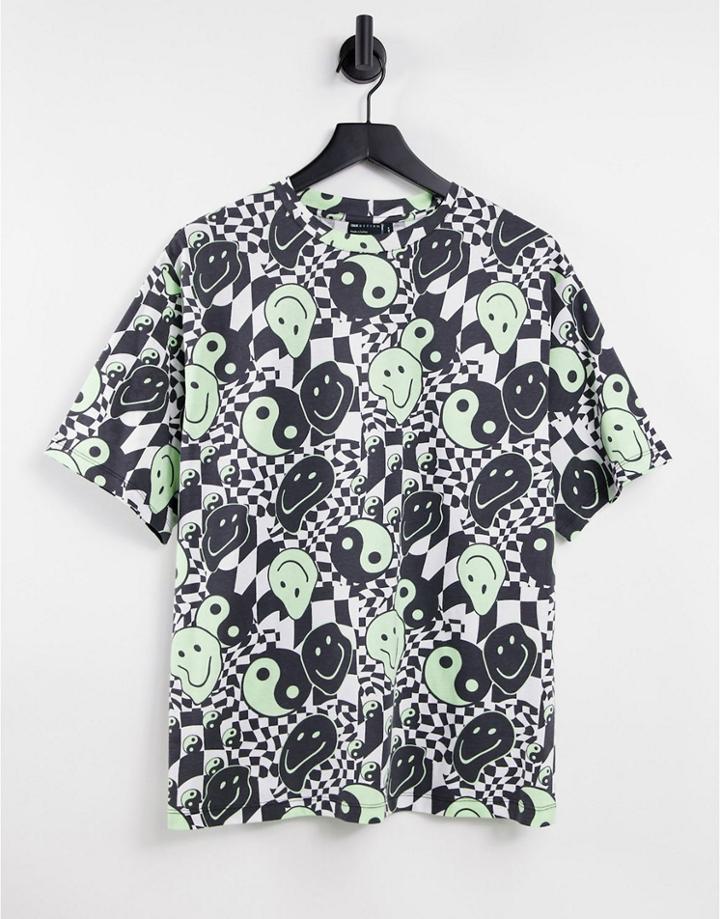 Asos Design Oversized T-shirt With Warped Checkerboard Smile Graphic Print-gray