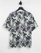 Asos Design Oversized T-shirt With Warped Checkerboard Smile Graphic Print-gray