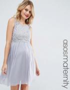 Asos Maternity Mesh Skater Prom Dress With Delicate Lace Crop Top - Gray