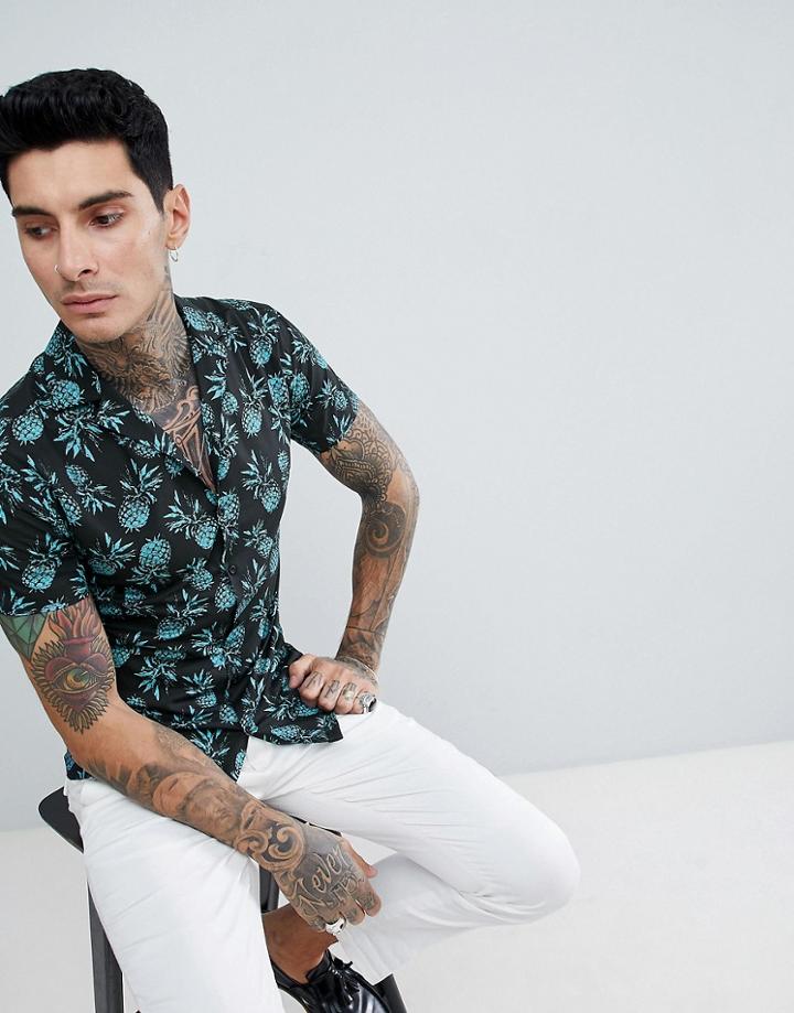 Twisted Tailor Slim Revere Shirt In Blue With Pineapple Print - Blue
