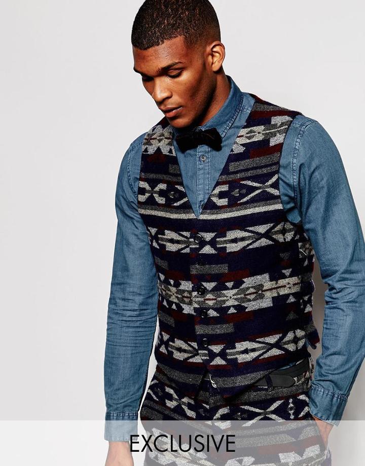 Reclaimed Vintage Geo-tribal Vest - Navy