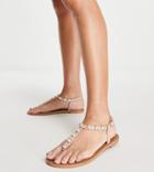 Asos Design Wide Fit Fenella Pearl Embellished Flat Sandals In Beige-neutral