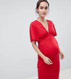 Asos Design Maternity Crepe Tea Dress With Flutter Sleeve - Red