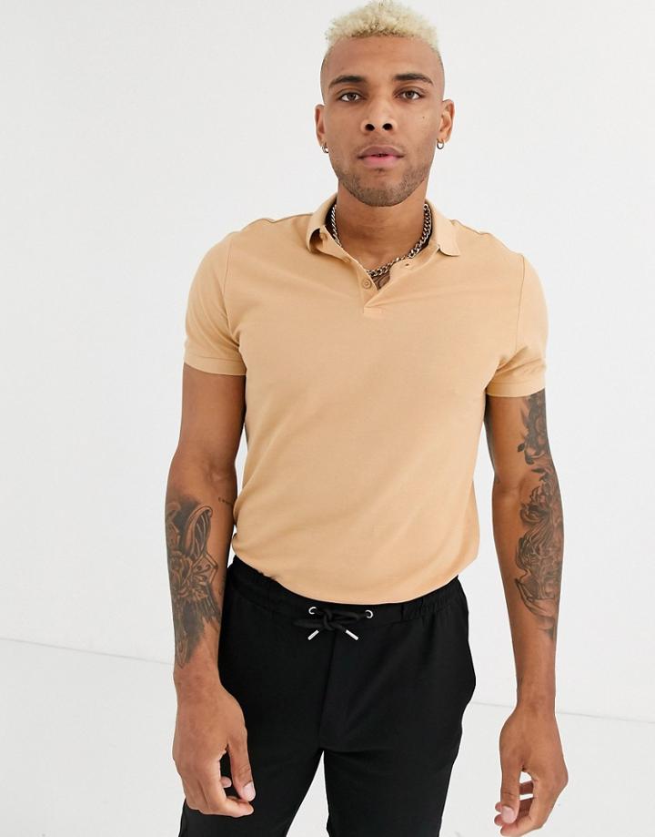 Asos Design Organic Pique Polo In Beige