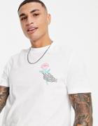 Asos Design T-shirt In White Organic Cotton With Chest Rose & Hand Print