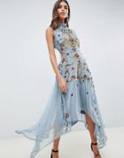 Asos Design Embroidered Midi Dress With Hanky Hem And Lace Up Back-gray