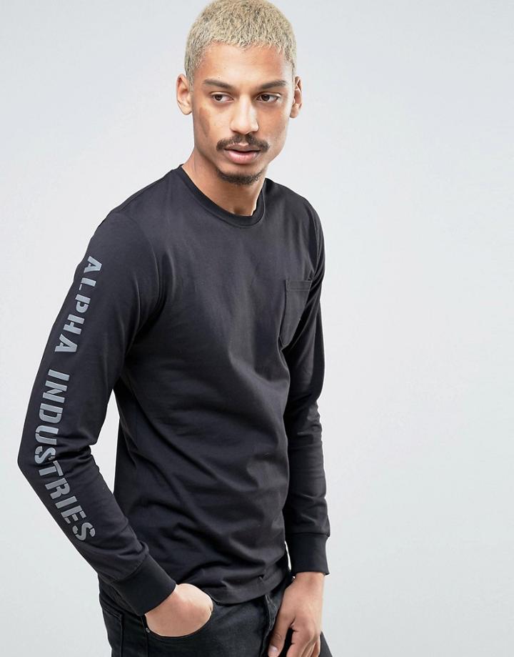 Alpha Industries Long Sleeve Top Logo Sleeve In Black - Black