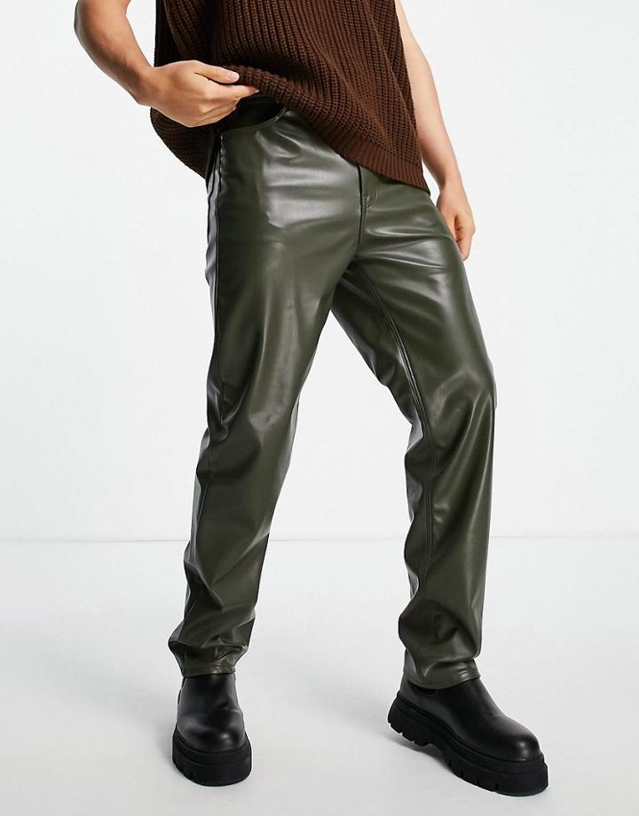 Asos Design Dad Jeans In Khaki Leather Look-green