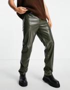 Asos Design Dad Jeans In Khaki Leather Look-green