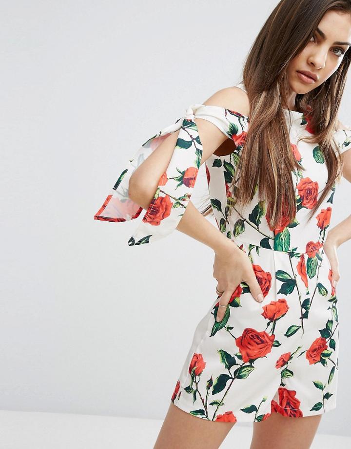 Prettylittlething Floral Cold Shoulder Romper - Cream