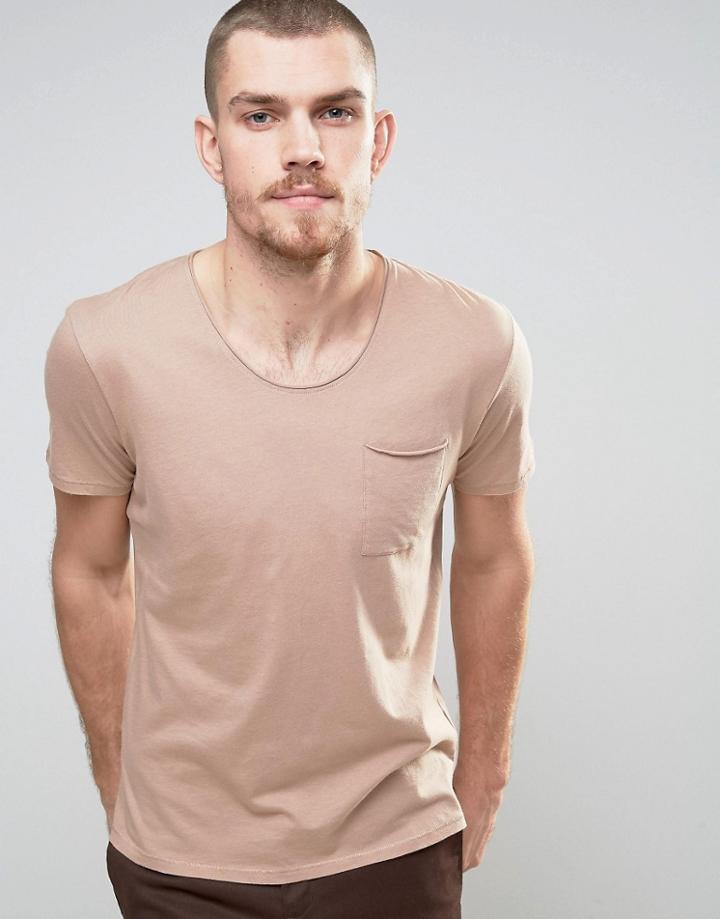 Selected Homme T-shirt With Raw Hem And Pocket - Beige