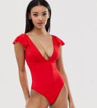 Asos Design Fuller Bust Exclusive Recycled Flutter Sleeve Plunge Swimsuit In Red Dd-g