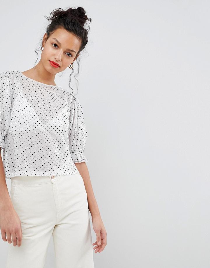 Asos Design Puff Sleeve Top In Spot Mesh - White