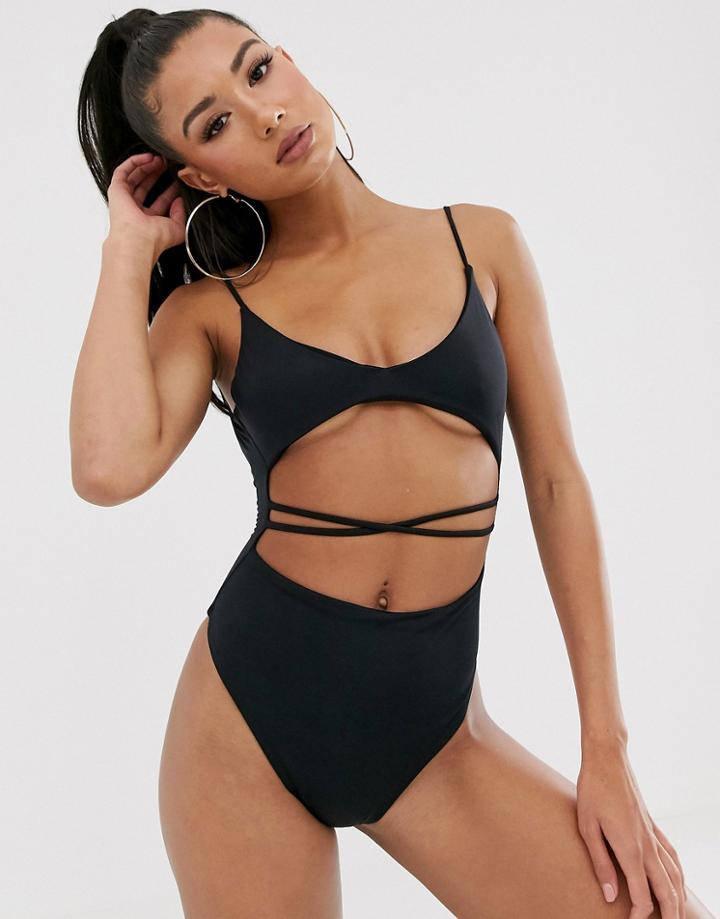 Asos Design Recycled Underboob Cross Waist Swimsuit In Black - Black