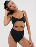 Asos Design Recycled Underboob Cross Waist Swimsuit In Black - Black