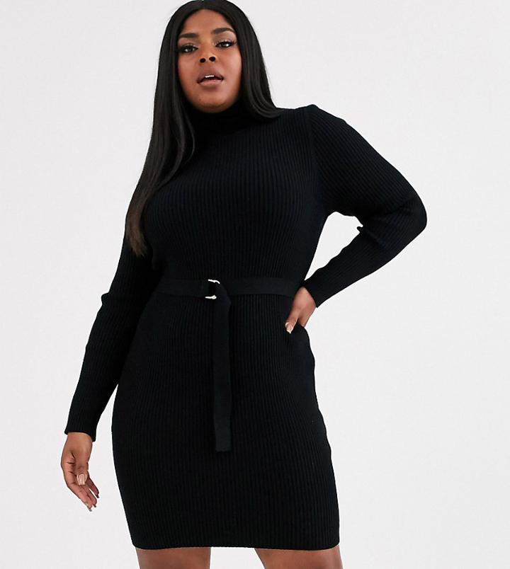 Asos Design Curve Belted Rib Knit Mini Dress With Roll Neck-black