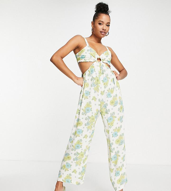 Miss Selfridge Petite Cut Out Wide Leg Strappy Jumpsuit In Green Floral