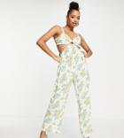 Miss Selfridge Petite Cut Out Wide Leg Strappy Jumpsuit In Green Floral