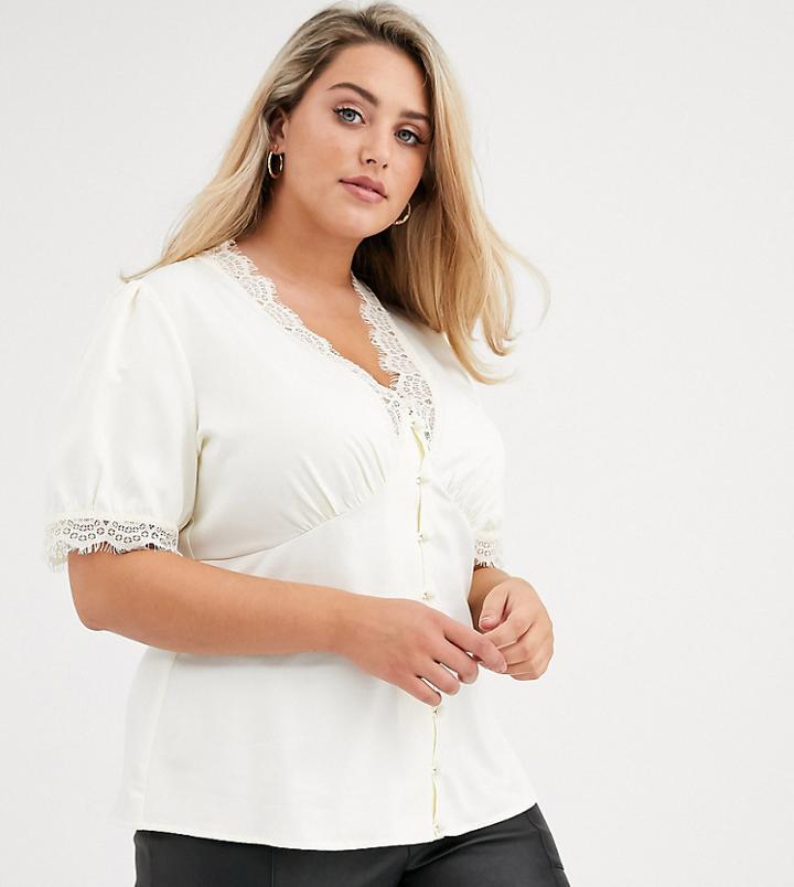 Fashion Union Plus Button Front Sateen Blouse With Eyelash Lace Trim-cream