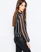 Qed London Wrap Front Blouse In Stripe With Metallic Cuff Detail - Black Stripe