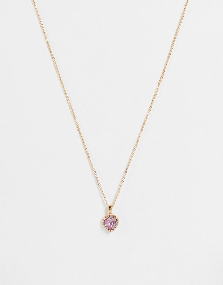 Asos Design Necklace With Crystal Heart Pendant In Gold Tone