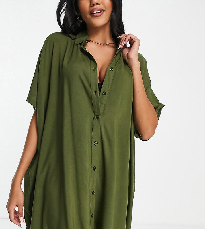 Esmee Exclusive Relaxed Oversized Beach Shirt In Khaki-green