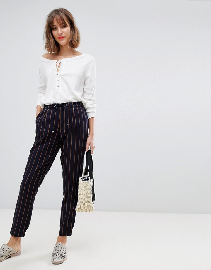 Esprit Drawstring Stripe Pants In Navy And Mustard - Navy