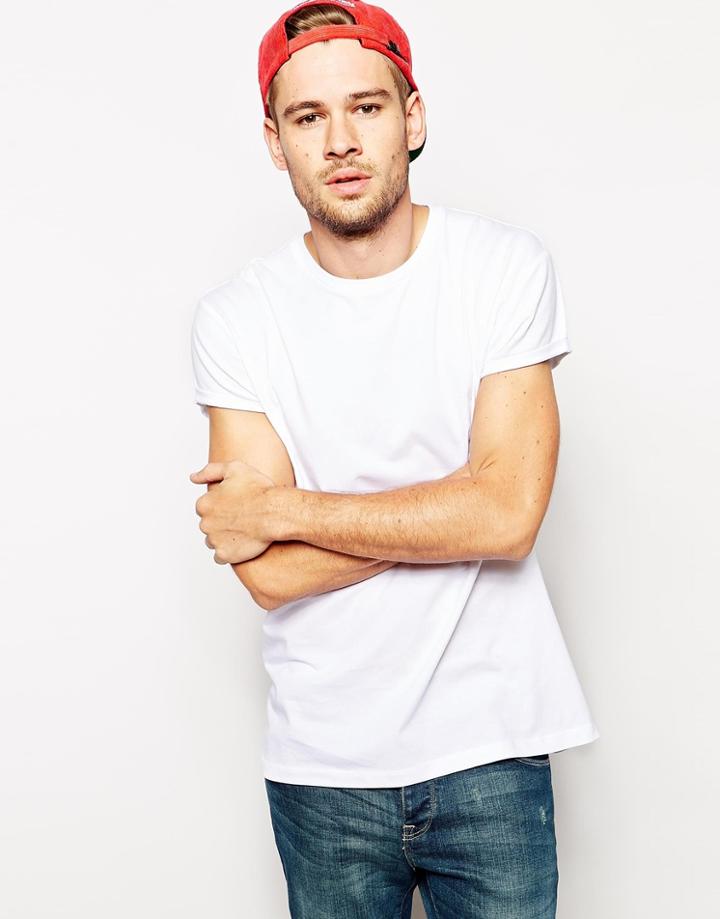 Asos T-shirt With Crew Neck In Relaxed Skater Fit And Rolled Sleeve - White