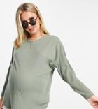 Asos Design Maternity Batwing Top In Super Soft Cozy Rib In Khaki-green