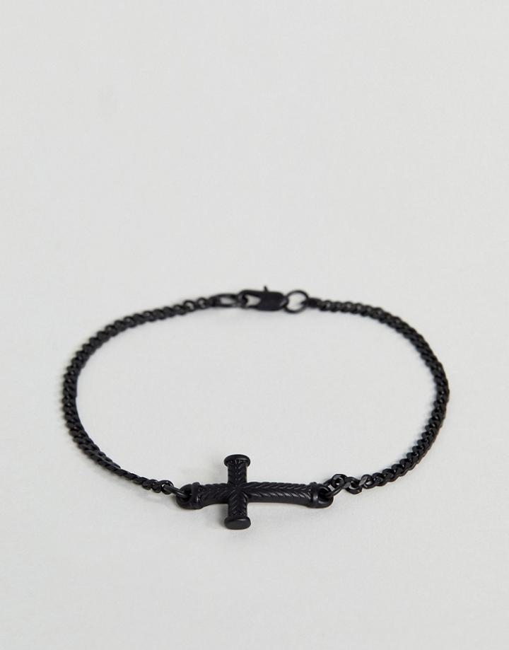 Icon Brand Chain Bracelet In Matte Black With Cross - Black