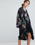 Neon Rose Maxi Kimono With Wildflower Print Co-ord - Black