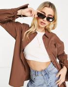 Pieces Tie Cuff Oversized Shirt In Chocolate-brown