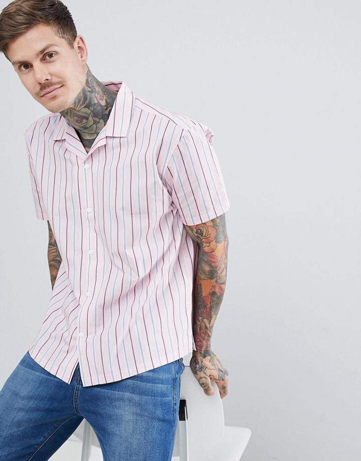 Asos Design Oversized Boxy Stripe Shirt With Poppers - Pink