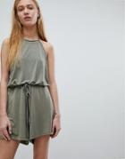 Dr Denim Tie Neck Romper - Green