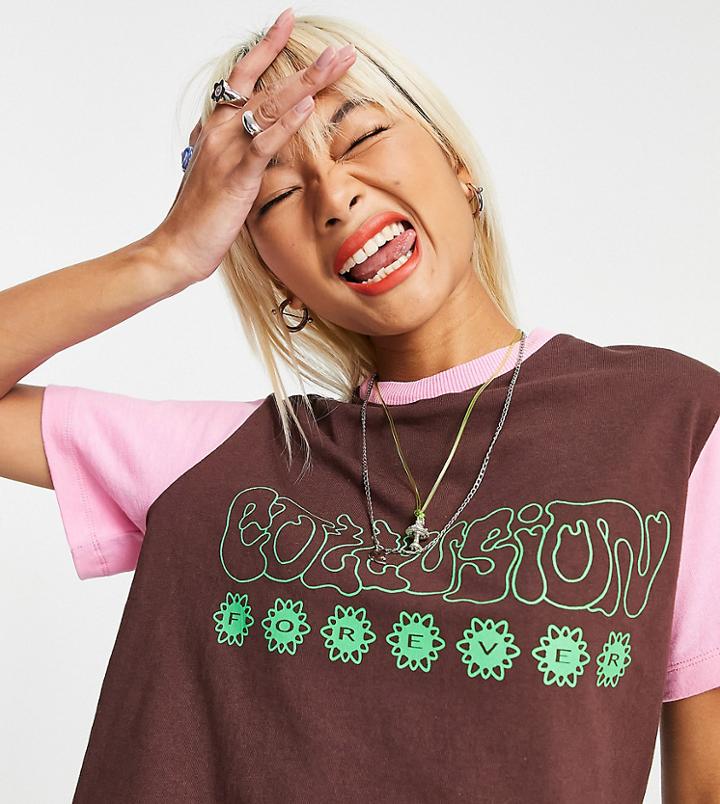 Collusion Branded Raglan Print T-shirt In Brown & Pink